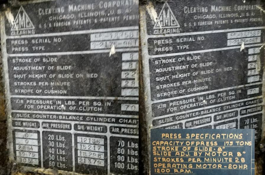 175 Ton Press For Sale Clearing Straight Side Press