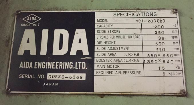 220 Ton Press For Sale Aida Single-Point Gap Press