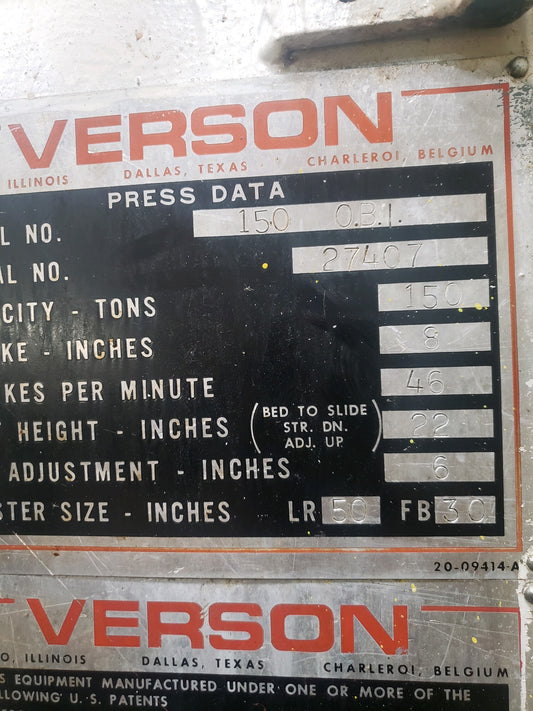150 Ton Verson O.B.I. Press For Sale