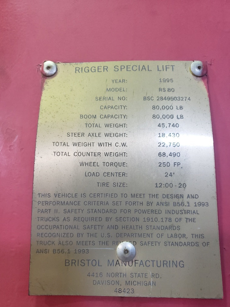 80,000 lb Bristol Riggers Special Forklift For Sale