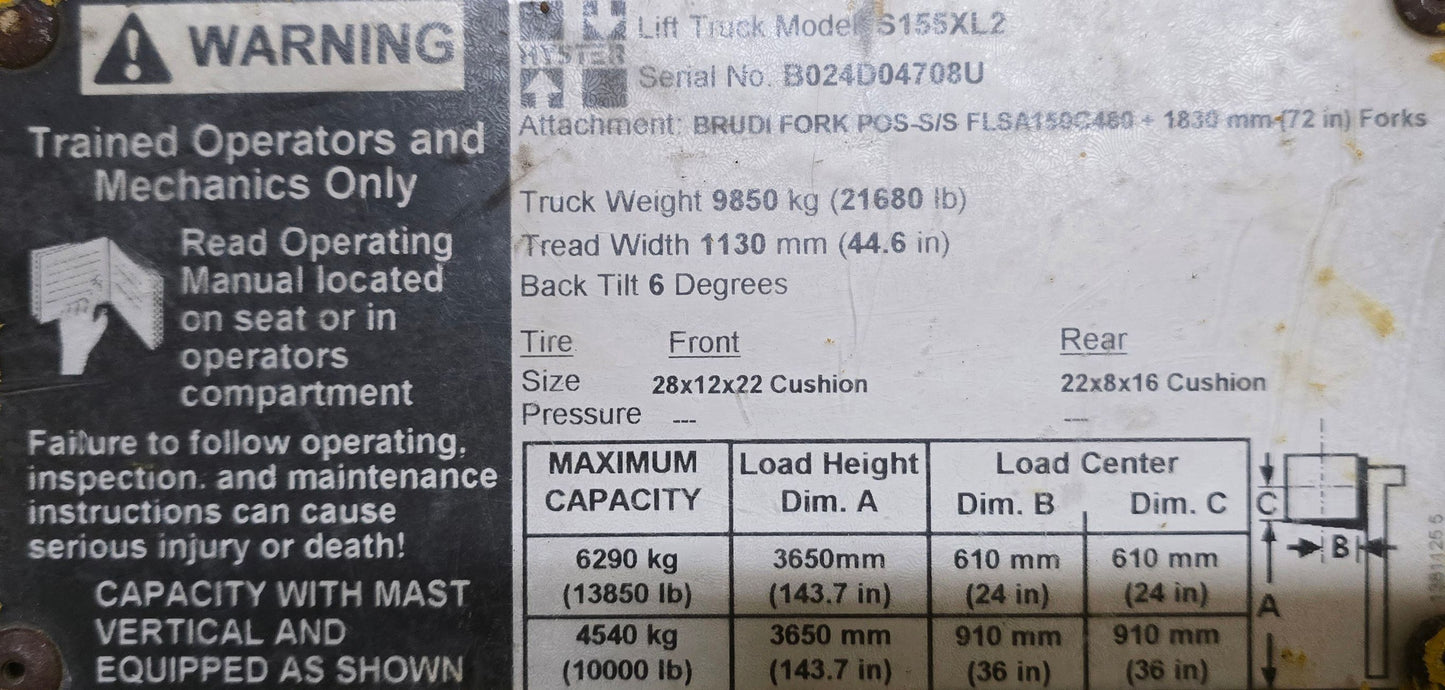 15,500 lb Hyster Forklift For Sale