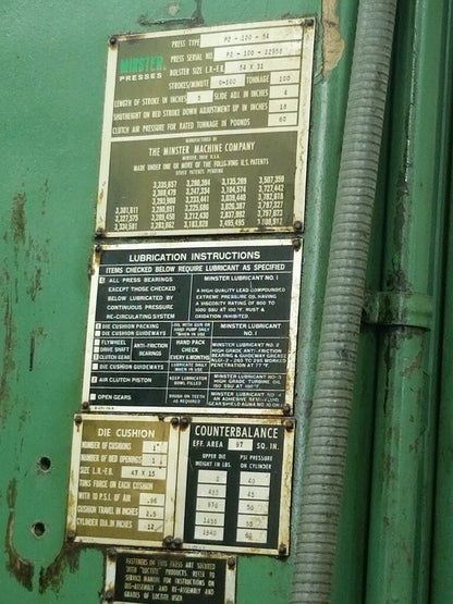 100 Ton Press For Sale Minster P2-100 Straight Side Press