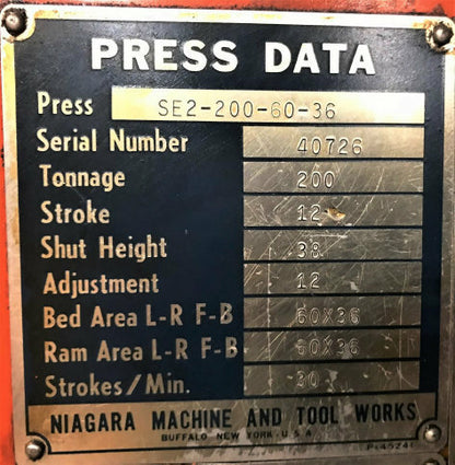 200 Ton Press For Sale Niagara Straight Side Press