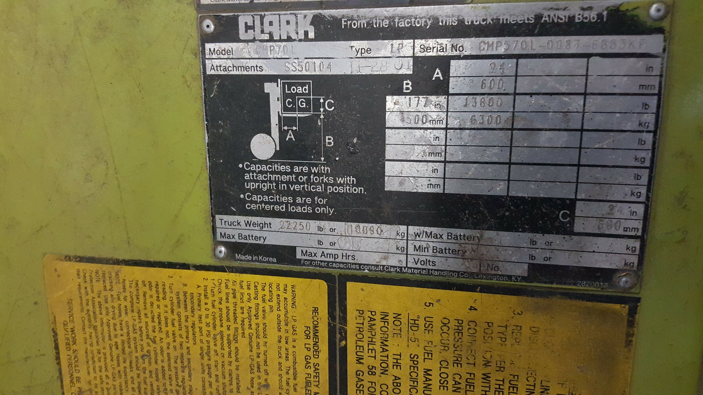 15,500lb ClarkForklift For Sale Air-Tired 7.75 Ton