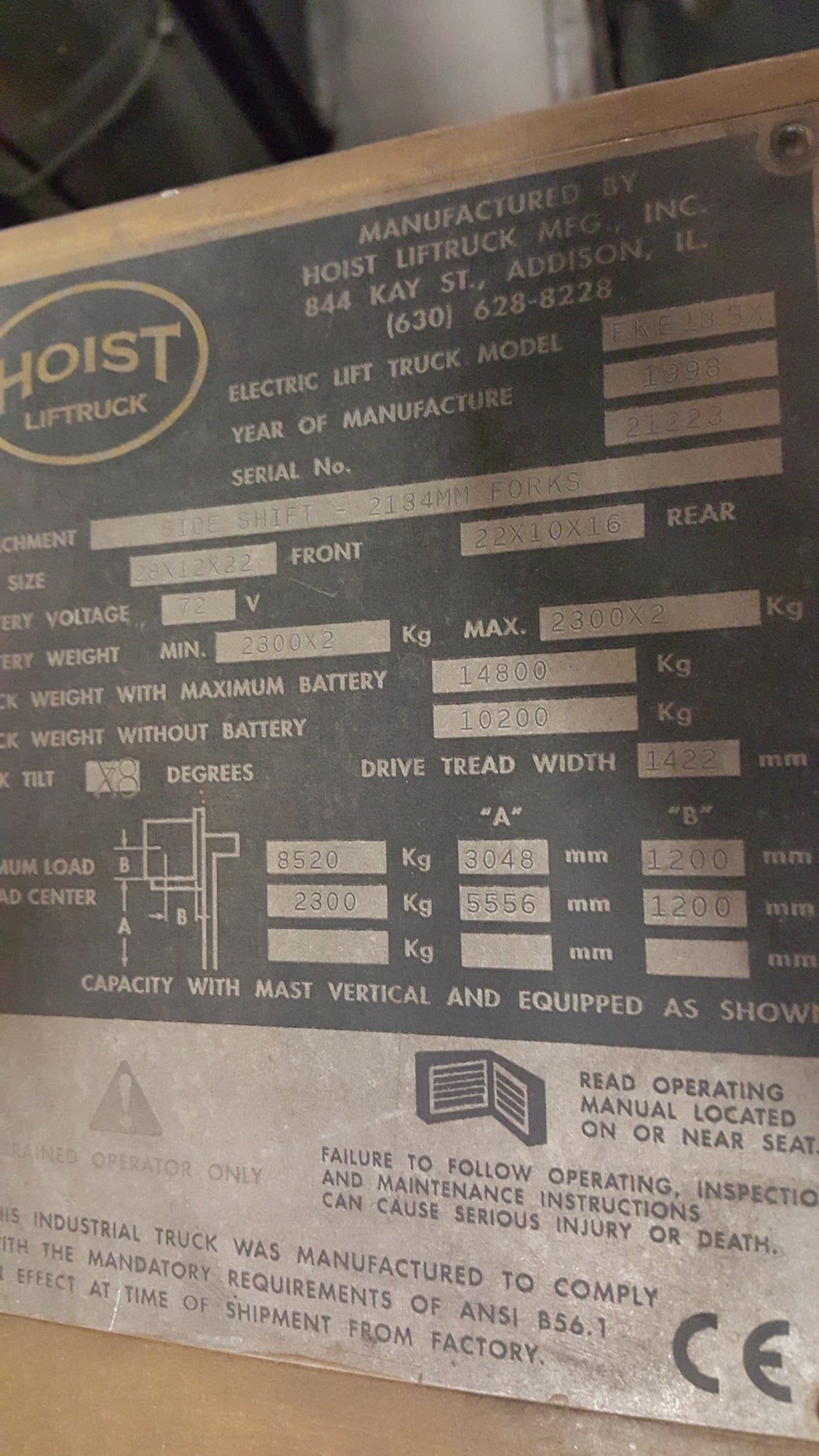 26,000lb Hoist Electric Forklift For Sale 13/15Ton