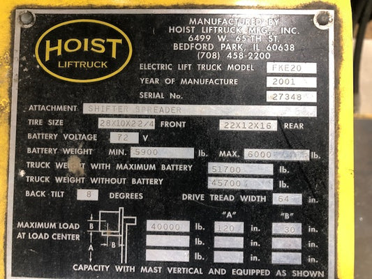 40,000 lb Capacity Hoist Electric Forklift For Sale 20 Ton