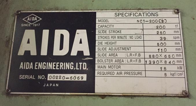 220 Ton Press For Sale Aida Single-Point Gap Press