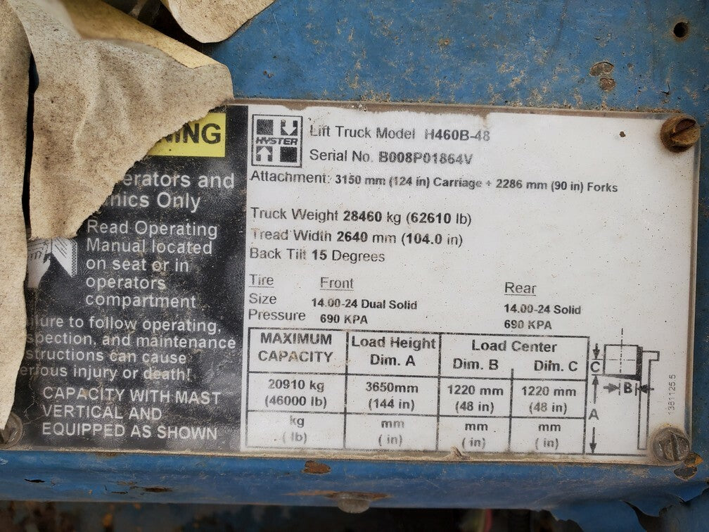 46,000 lb Capacity Hyster Forklift - Model H460B - For Sale  20+ Ton