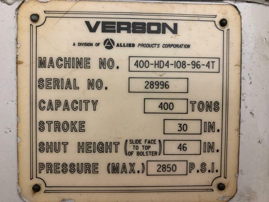 400 Ton Verson Down-Acting Hydraulic Press For Sale
