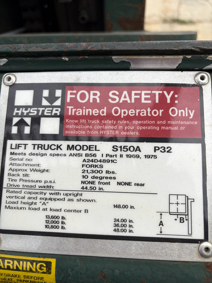 15,000 lb Hyster Forklift For Sale