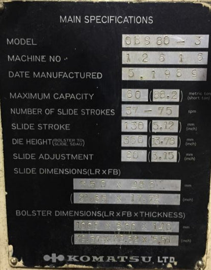 80 Ton Komatsu OBS Press For Sale