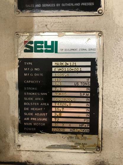 121 Ton Seyi Sutherland Gap Frame Press For Sale