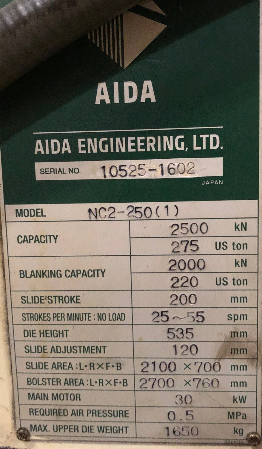 275 Ton Aida Gap Frame Press For Sale