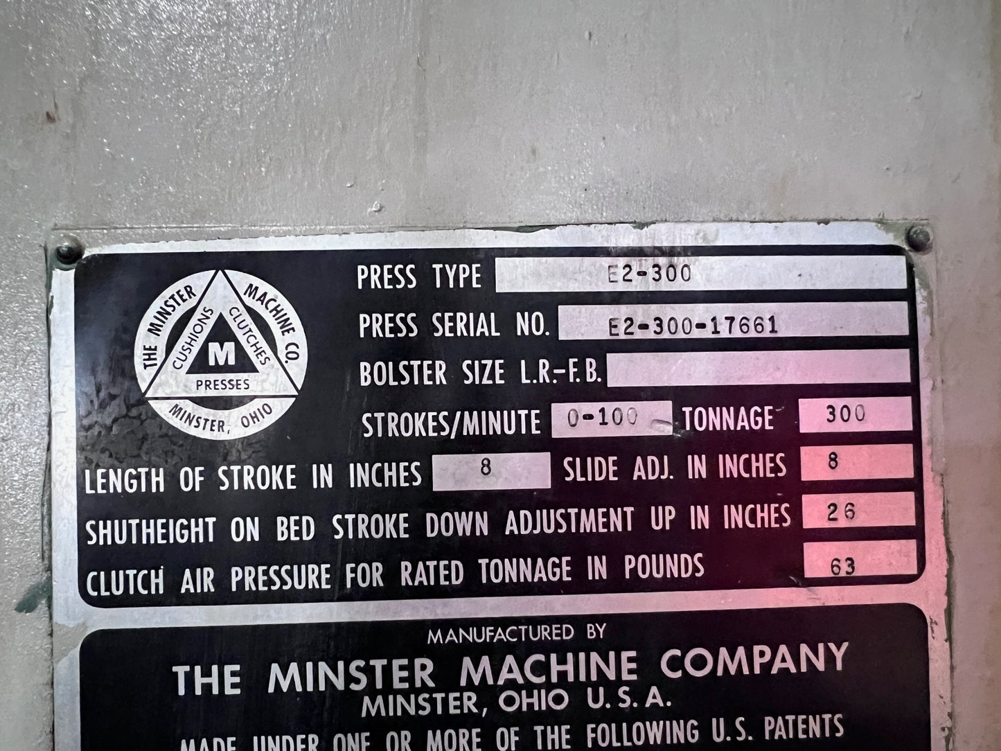 300 Ton Minster Straight Side Press For Sale