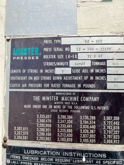 300 Ton Minster Straight Side Press For Sale