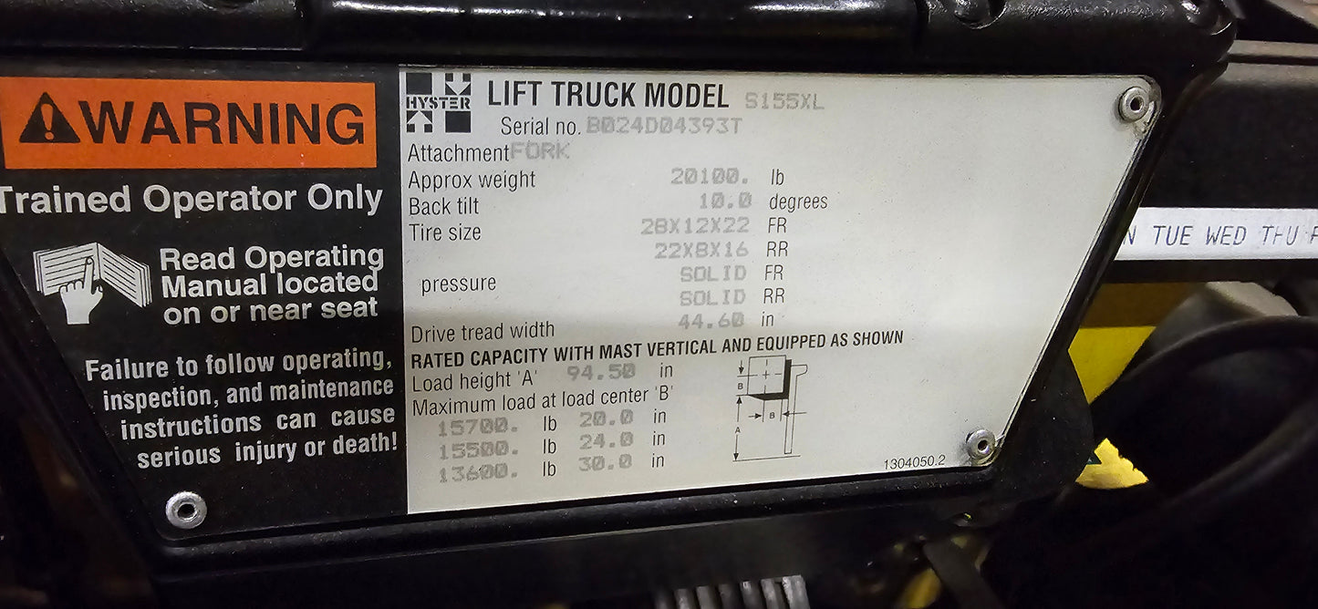 15,500 lbs Hyster S155XL Forklift For Sale