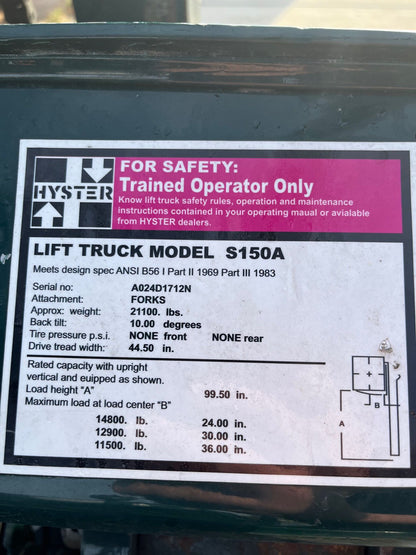 15,000 lb Hyster Forklift For Sale