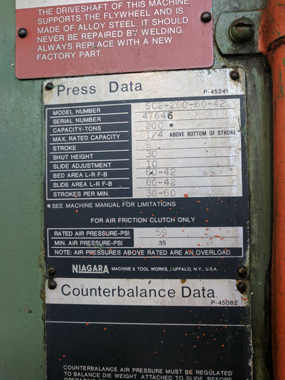 200 Ton Press For Sale Niagara Straight Side Press