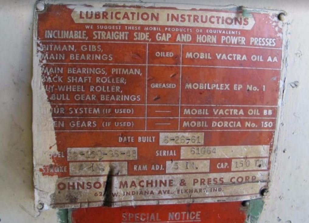 150 Ton Press For Sale Johnson Straight Side Press