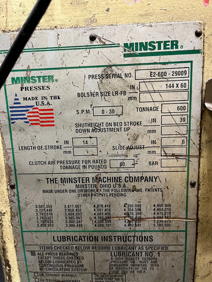 600 Ton Minster Straight Side Press For Sale