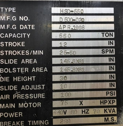 550 Ton Press For Sale Seyi Straight Side Press