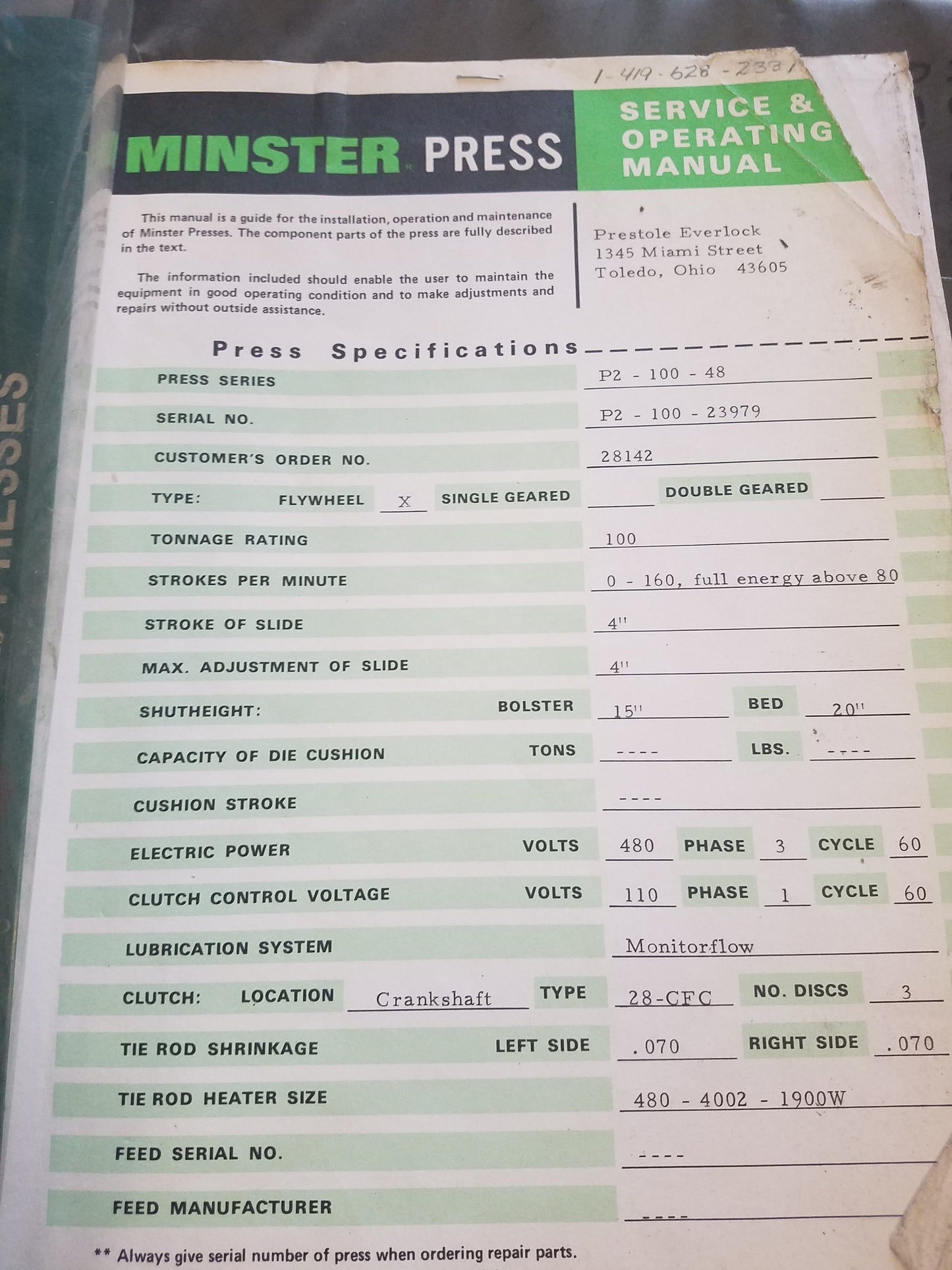 100 Ton Press For Sale Minster Press