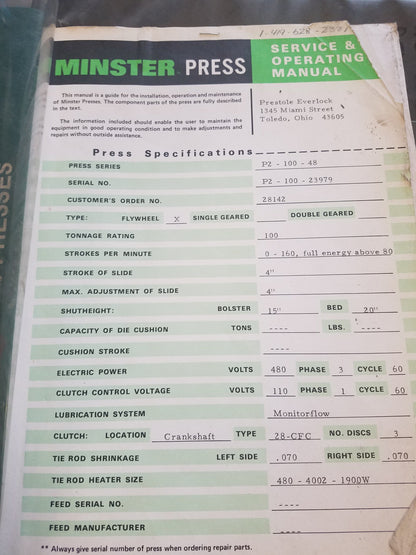100 Ton Press For Sale Minster Press