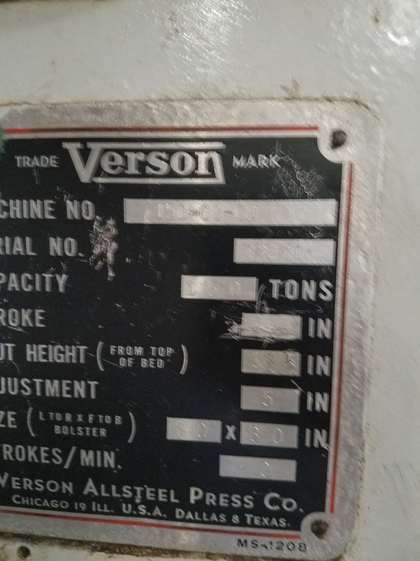 150 Ton Press For Sale Verson Gap-Frame Press